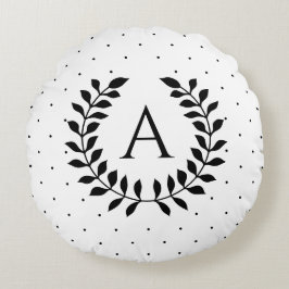 Black And White Laurel Monogram Polka Dot Pattern Rundes Kissen