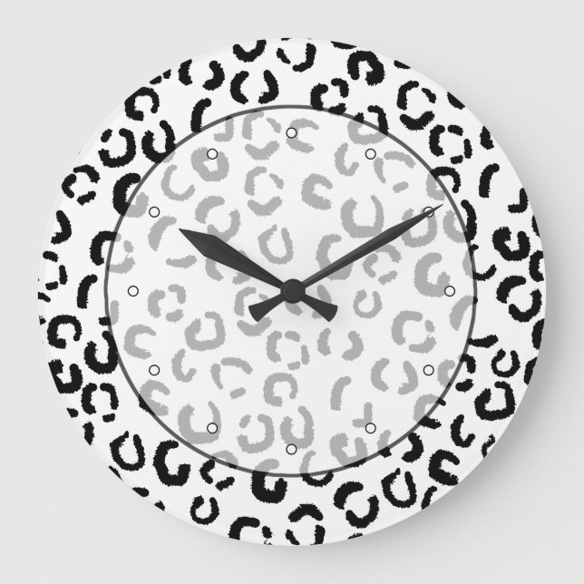 Black and White Leopard Print Pattern. Große Wanduhr (Vorderseite)