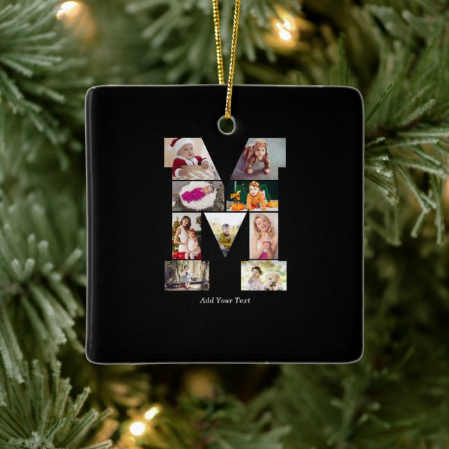 Black and White Letter M Photo Collage Keramikornament (Baum)
