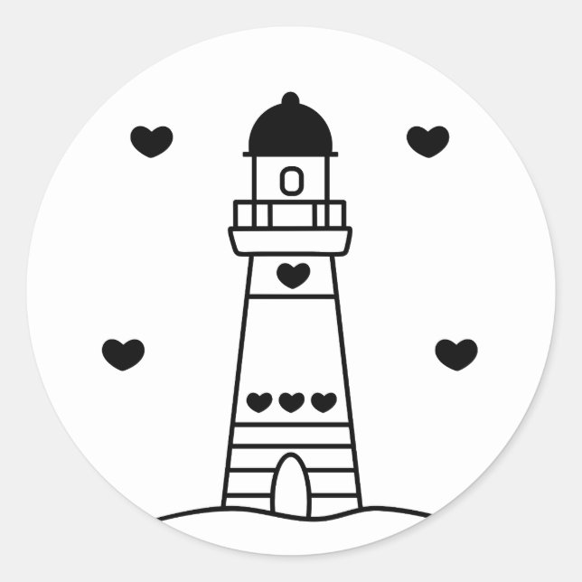 Black and White Lighthouse with Hearts Runder Aufkleber (Vorderseite)