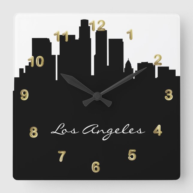 Black and White Los Angeles Skyline Quadratische Wanduhr (Vorderseite)