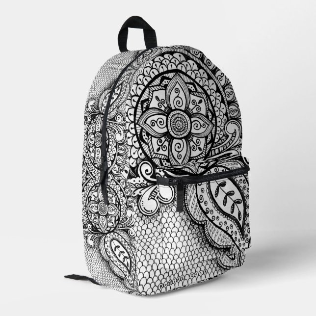 Black and White Mandala Mermaid Webbing Boho Chic Bedruckter Rucksack (Rückseitige Ecke links)