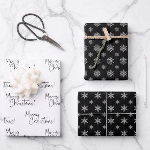 Black and White Merry Christmas Snowflakes Geschenkpapier Set