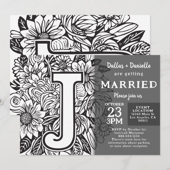 Black and White Monogram J Tattoo Flowers Wedding Einladung (Vorne/Hinten)