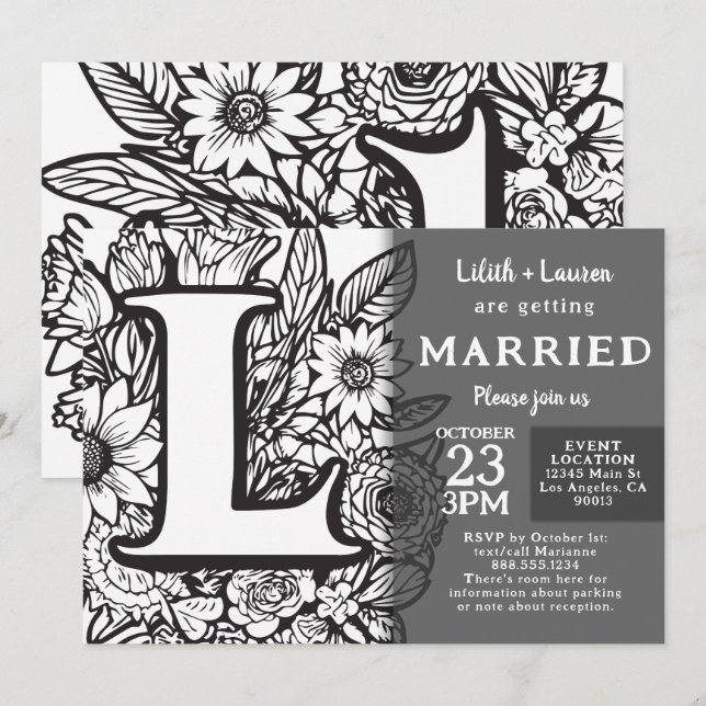 Black and White Monogram L Tattoo Flowers Wedding Einladung (Vorne/Hinten)