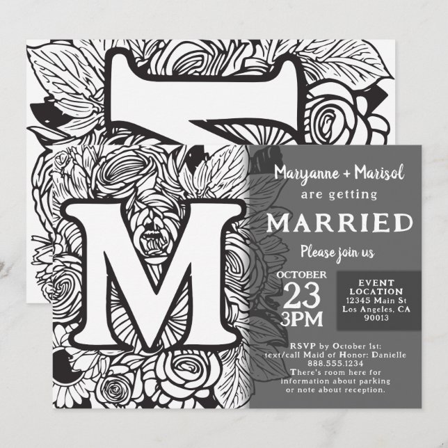 Black and White Monogram M Tattoo Flowers Wedding Einladung (Vorne/Hinten)