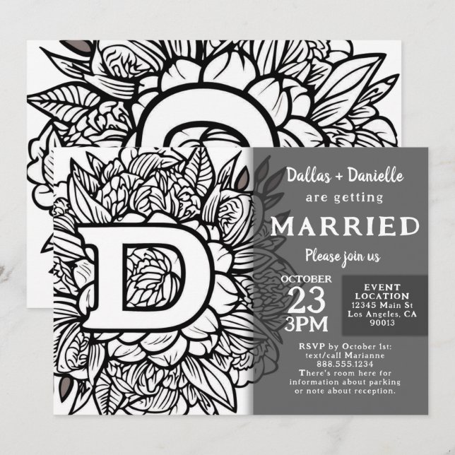 Black and White Monogram Tattoo Flowers Wedding Einladung (Vorne/Hinten)