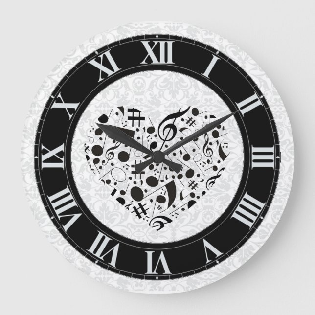 Black and White Music Notes Heart Wall Clock Große Wanduhr (Vorderseite)