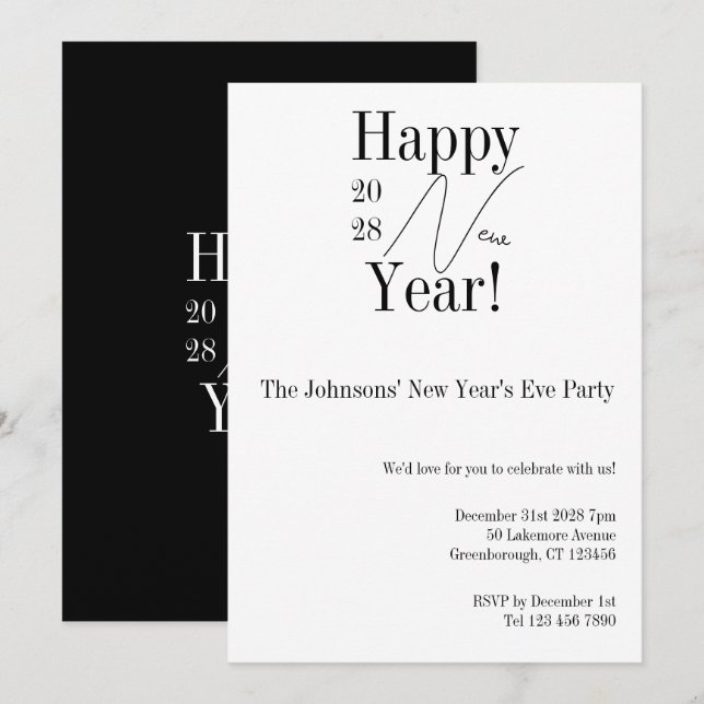Black and White New Year's Eve Party Einladung (Vorne/Hinten)