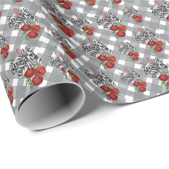 Black and White Noël Red Bells Geschenkpapier (Rolleneckpunkt)