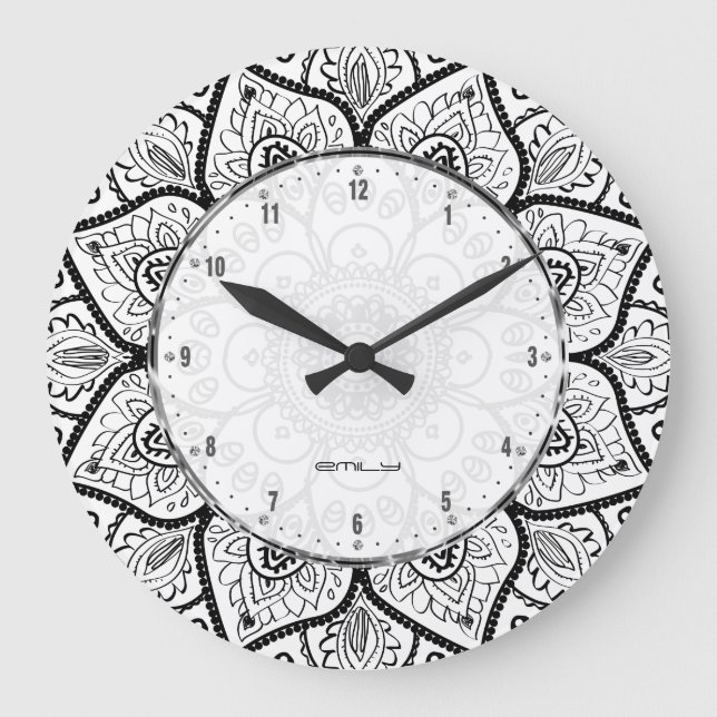 Black And White Ornate Mandala Lace Design Große Wanduhr (Vorderseite)