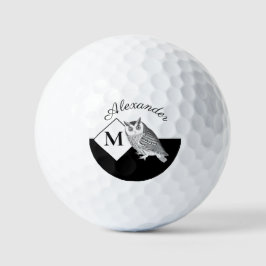 Black and White Owl Grey Monogram Name Golf Balls Golfball