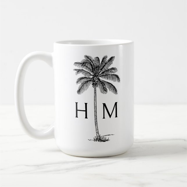 Black and White Palm Palmetto Tree Monogram Kaffeetasse (Links)