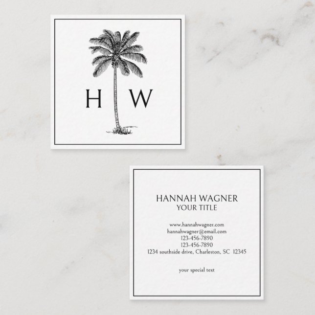 Black and White Palm Palmetto Tree Monogram Quadratische Visitenkarte (Vorne/Hinten)