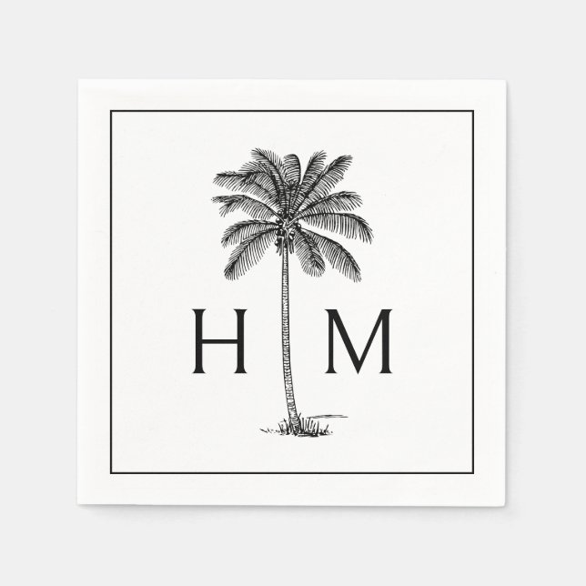 Black and White Palm Palmetto Tree Monogram Serviette (Vorderseite)