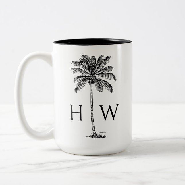 Black and White Palm Palmetto Tree Monogram Zweifarbige Tasse (Links)