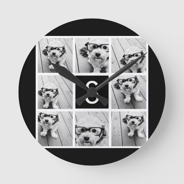 Black and White Photo Collage Custom Monogram Runde Wanduhr (Vorderseite)
