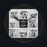 Black and White Photo Collage Custom Monogram Runde Wanduhr<br><div class="desc">You can use Instagram photos for this design. Use 8 square photos to create a unique and personal gift. Or you can keep the hipster puppy and make a trendy keepsake. If you need to adjust the pictures,  click on the customize tool to make changes.</div>