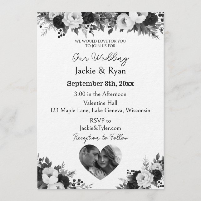 Black and White Photo Template Botanical  Wedding  Einladung (Vorderseite)