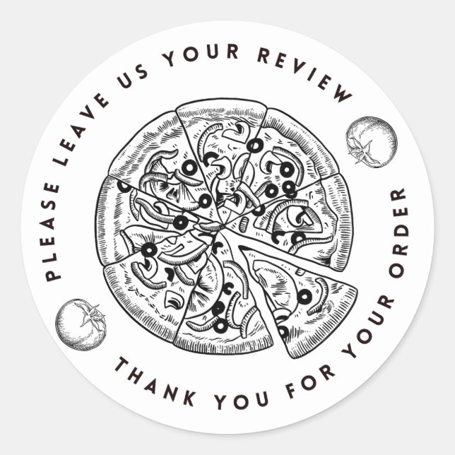 Black and White Pizza Verlass Review Danke Runder Aufkleber (Vorderseite)
