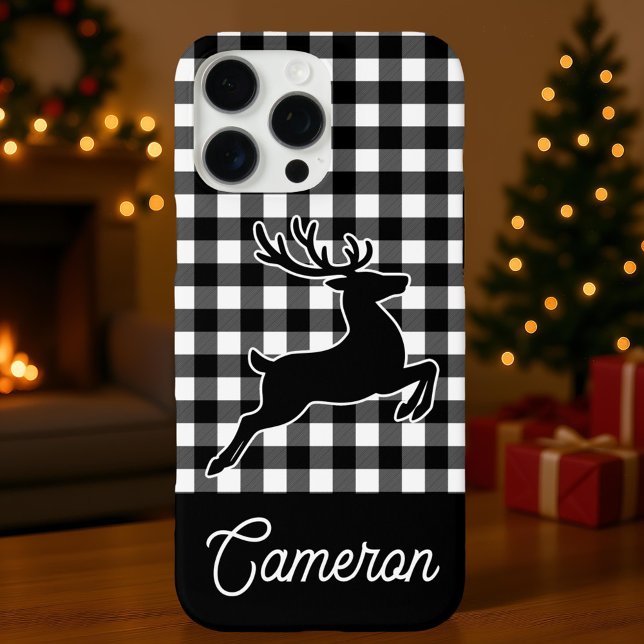 Black and White Plaid with Reindeer Custom Name iPhone 16 Pro Max Hülle (Von Creator hochgeladen)