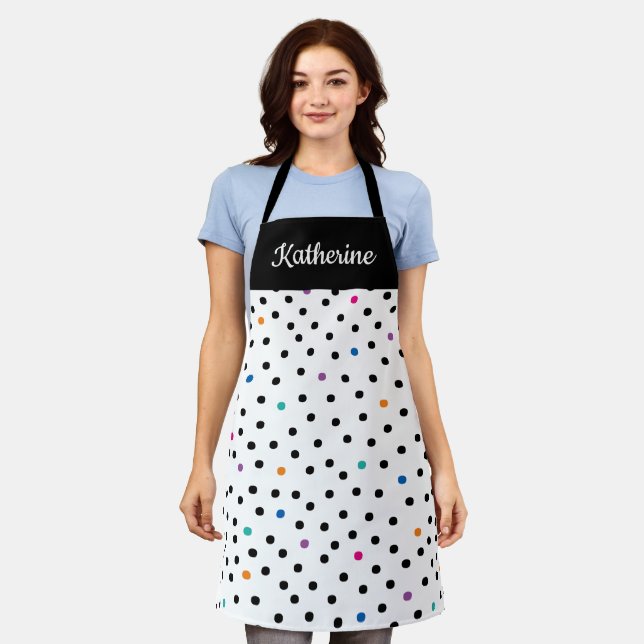 Black and White Polka Dot Custom Name Apron Schürze (Getragen)