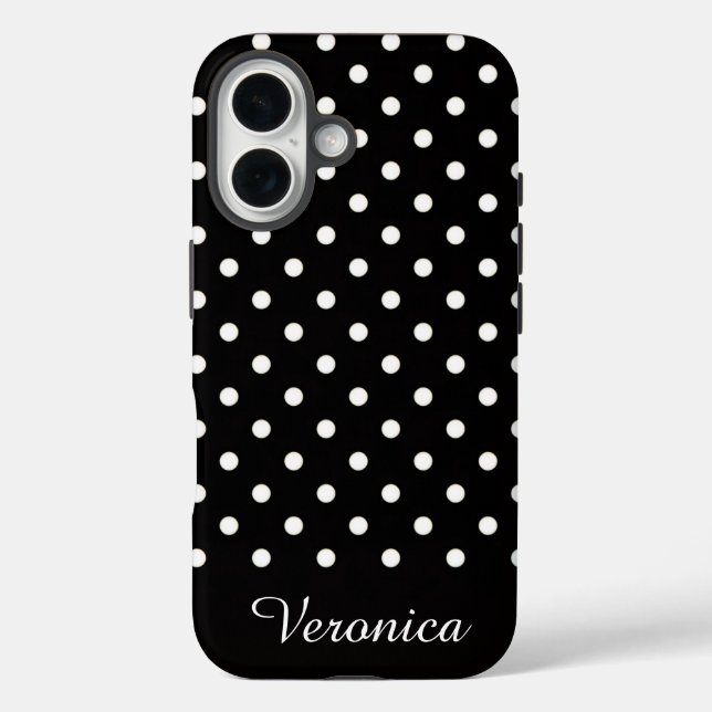 Black and White Polka Dot Personalized Name  iPhone 16 Hülle (Rückseite)