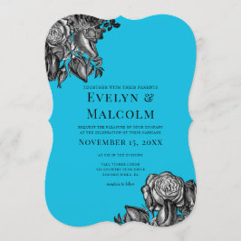 Black and White Roses Electric Blue Wedding Einladung