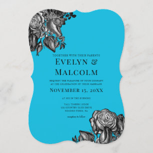 Black and White Roses Electric Blue Wedding Einladung