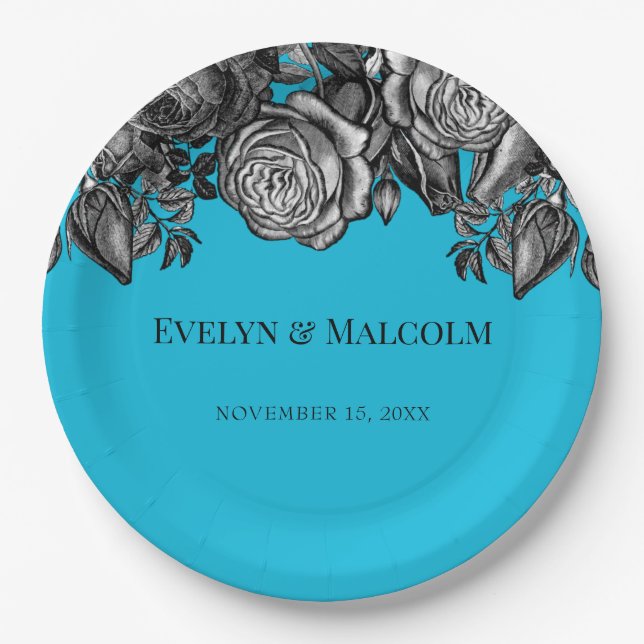 Black and White Roses Electric Blue Wedding Pappteller (Vorderseite)
