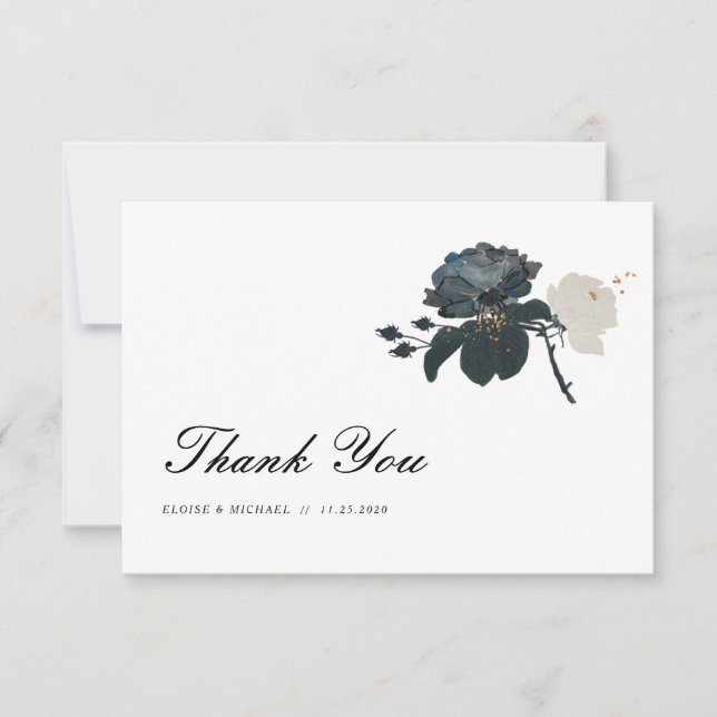 Black and White Roses Wedding Vielen Dank Dankeskarte (Vorderseite)