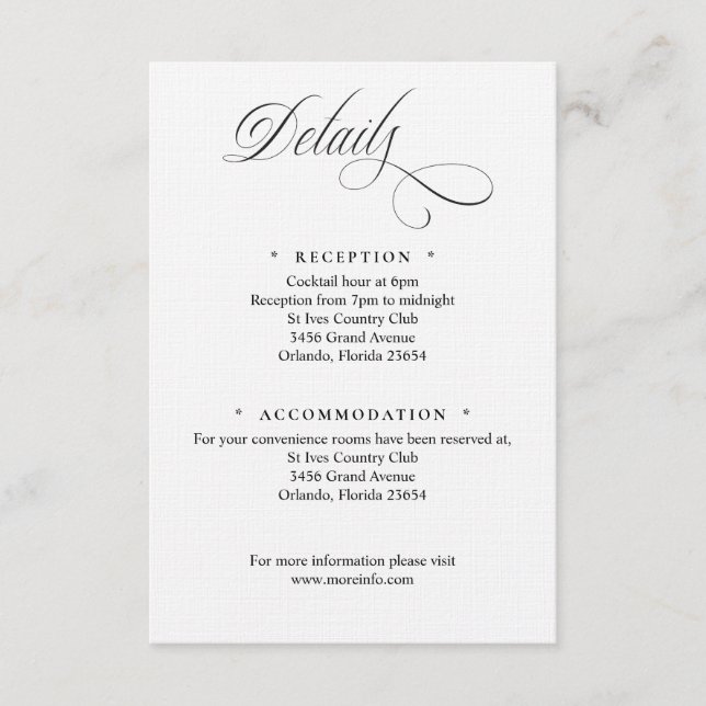 Black and White Script Details Enclosure Card Begleitkarte (Vorderseite)