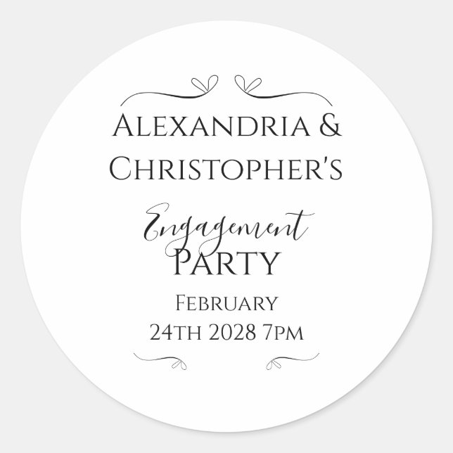 Black and White Script Minimal Engagement Party Runder Aufkleber (Vorderseite)