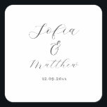 Black and White Script Wedding danke Quadratischer Aufkleber<br><div class="desc">Personalisierte und einfach stilvolle Aufkleber mit Namen und Datum in eleganten Schriftart.</div>