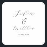 Black and White Script Wedding danke Quadratischer Aufkleber<br><div class="desc">Personalisierte und einfach stilvolle Aufkleber mit Namen und Datum in eleganten Schriftart.</div>