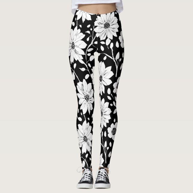 Black and White Simple Flower Seamless Pattern Leggings (Vorderseite)