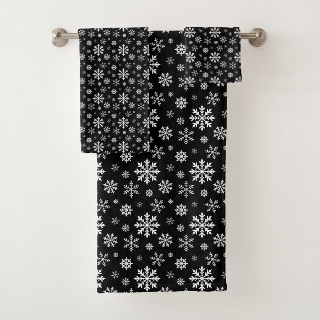 Black And White Snowflake Pattern Elegant Modern Badhandtuch Set (Insitu)