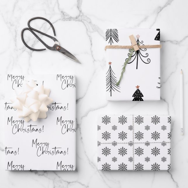 Black and White Snowflake Tree Merry Christmas Geschenkpapier Set (Vorderseite)