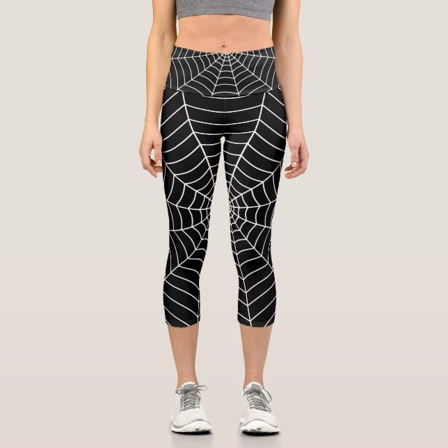 Black and White spider web Halloween pattern Capri Leggings (Vorderseite)
