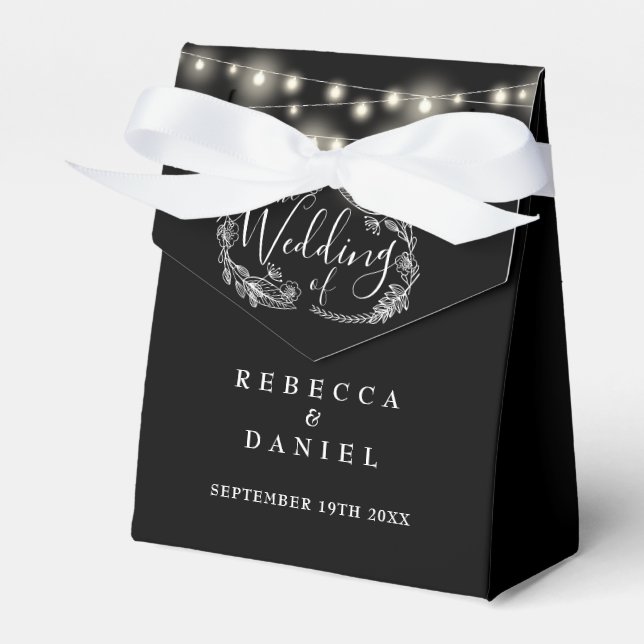 Black And White String Lights Floral Wedding Geschenkschachtel (Vorderseite)