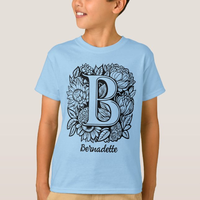 Black and White Tattoo Flowers Monogram Letter B T-Shirt (Vorderseite)