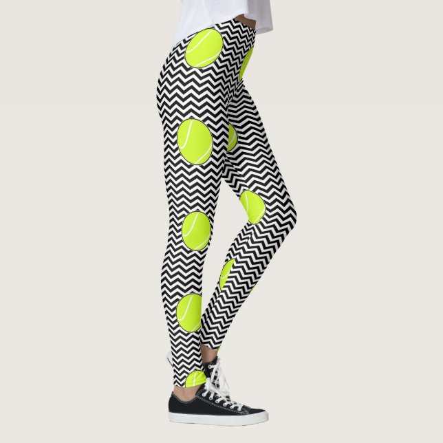 Black and White Tennis Ball Zigzag Tennis Player Leggings (Rechts)