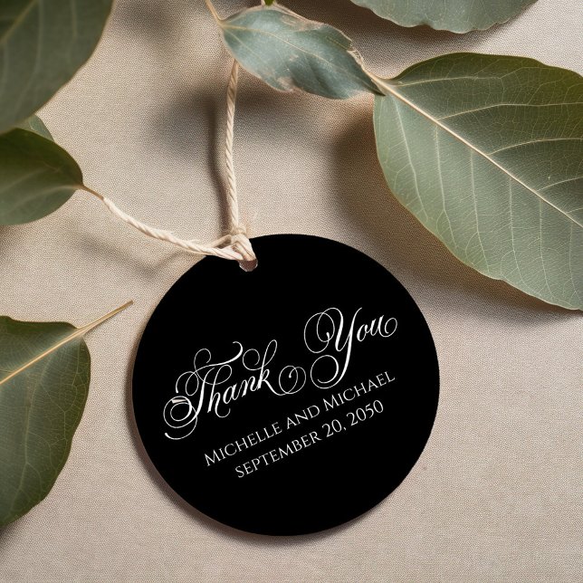 Black and White Thank You Script Wedding Geschenkanhänger (Elegant black and white calligraphy script favor tag.)