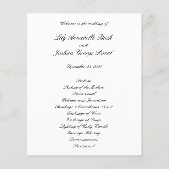 Black and White Timeless Budget Wedding Program Flyer (Vorne)