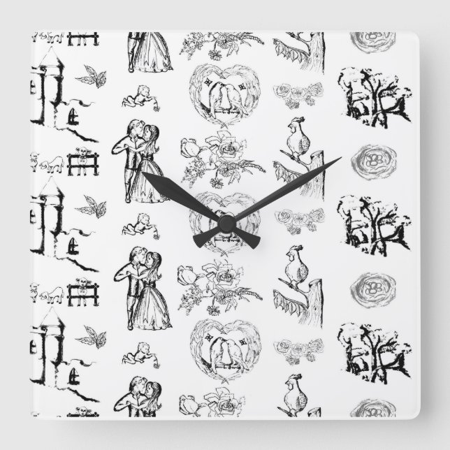 Black And White Toile Pattern Square Wall Clock Quadratische Wanduhr (Vorderseite)