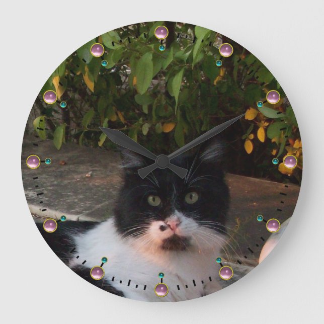 BLACK AND WHITE TURKISH CAT PIERO,Pink Gemstones Große Wanduhr (Vorderseite)
