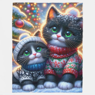 "Black and White Tuxedo Kittens’ First Christmas" Fleecedecke