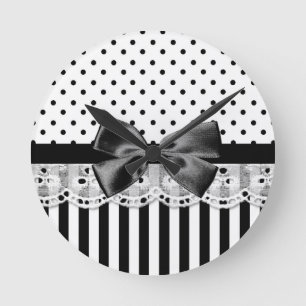 Black And White Victorian Stripes With Bow Runde Wanduhr