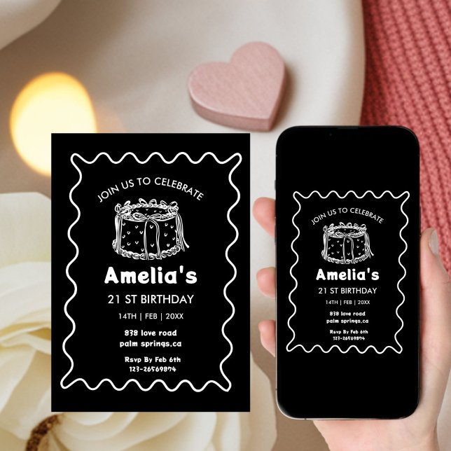 Black and white Wavy Birthday hand drawn cake Einladung (Von Creator hochgeladen)