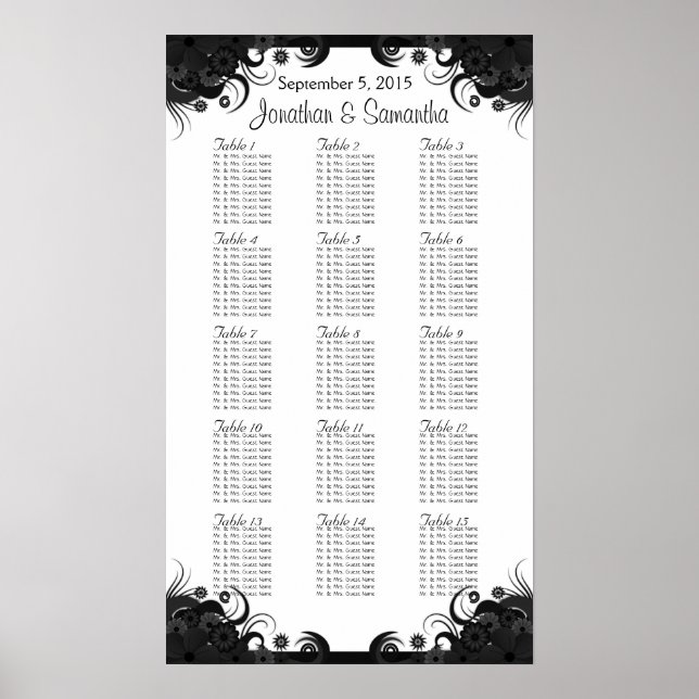 Black and White Wedding 15 Tables Seating Charts Poster (Vorne)